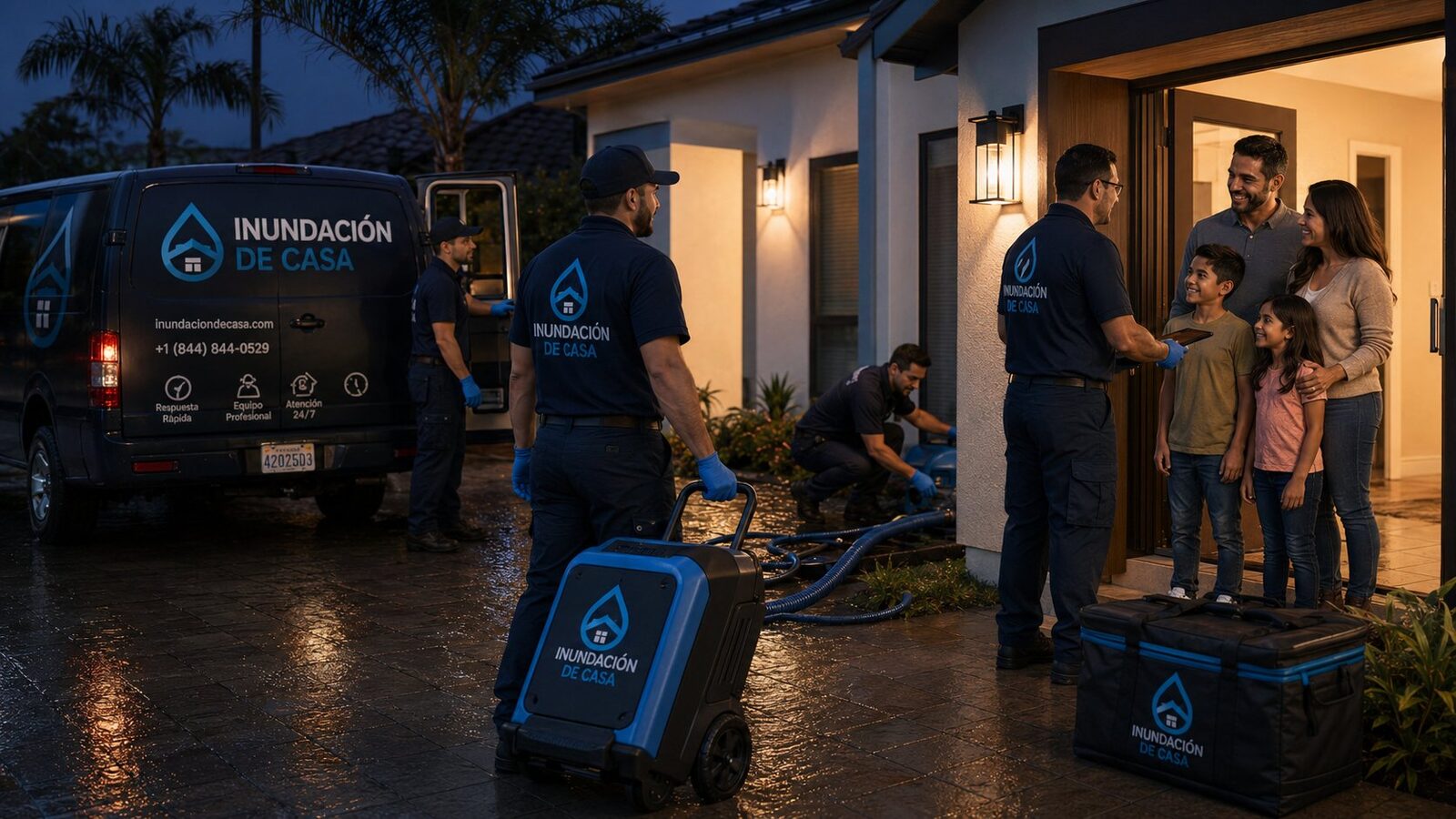 Técnicos de Inundación De Casa atendiendo a familia en su hogar de noche tras emergencia