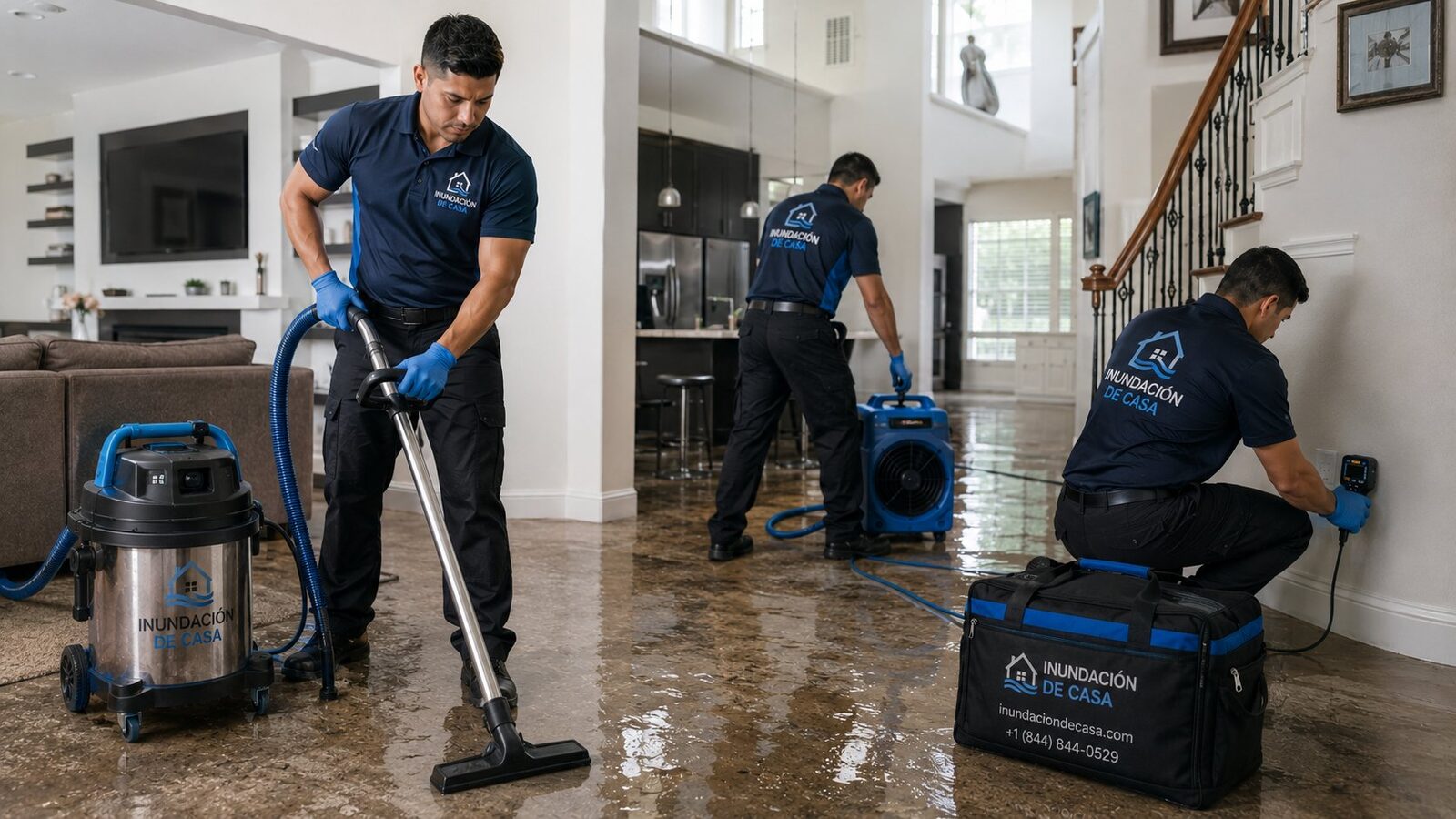 Equipo de Inundación De Casa de cuatro personas atendiendo sala inundada con extractores y secadores