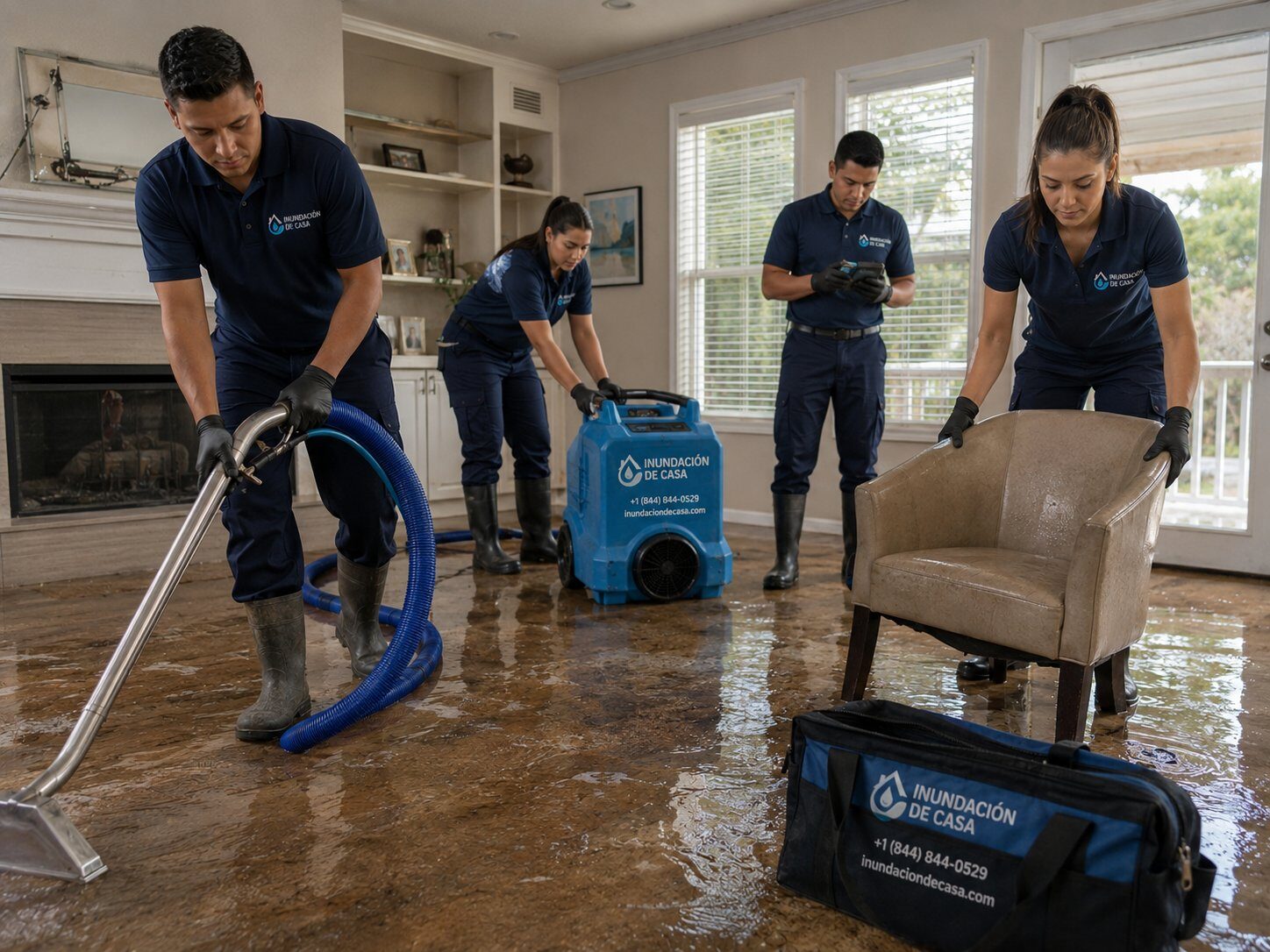 Tres técnicos bombeando agua y secando piso de mármol en residencia inundada